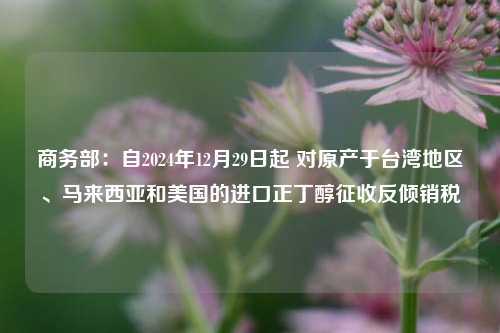 商务部：自2024年12月29日起 对原产于台湾地区、马来西亚和美国的进口正丁醇征收反倾销税